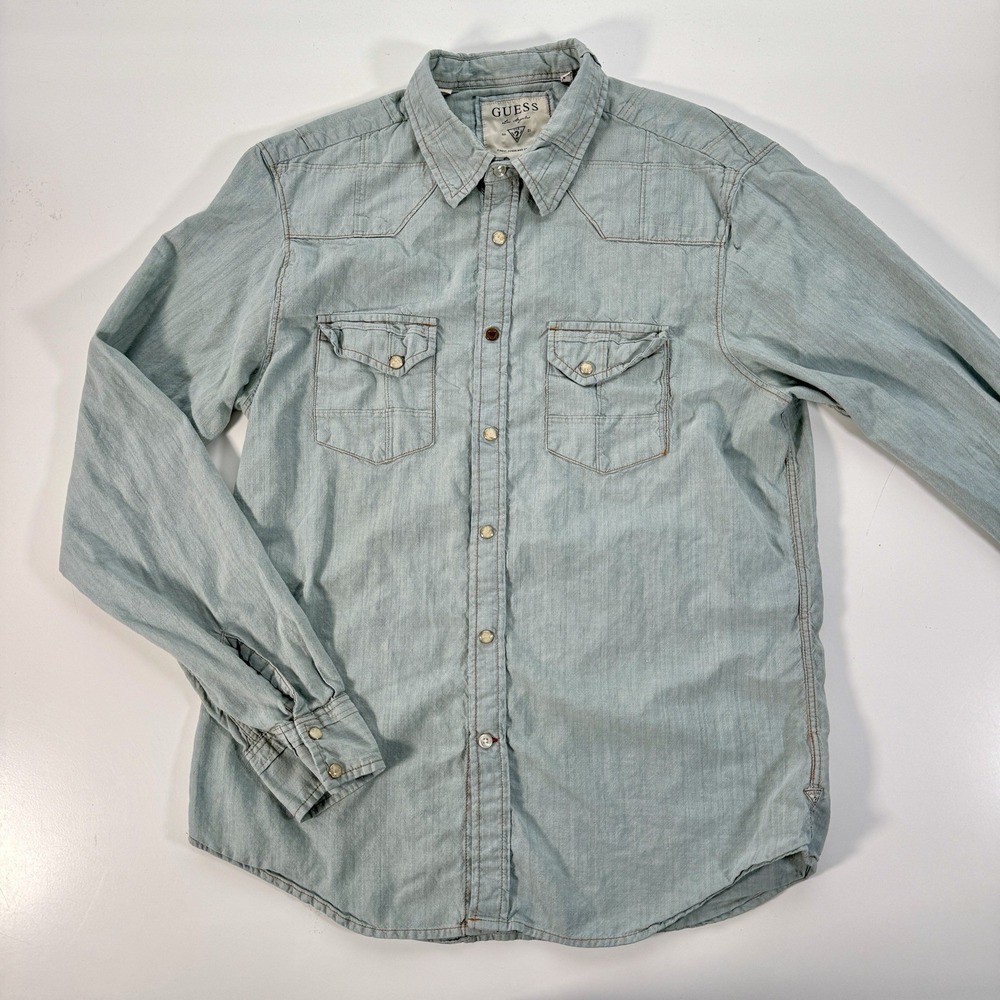 GUESS Denim Western Pearl Snap Button Up Long‎ Sleeve Shirt Mens Large Blue